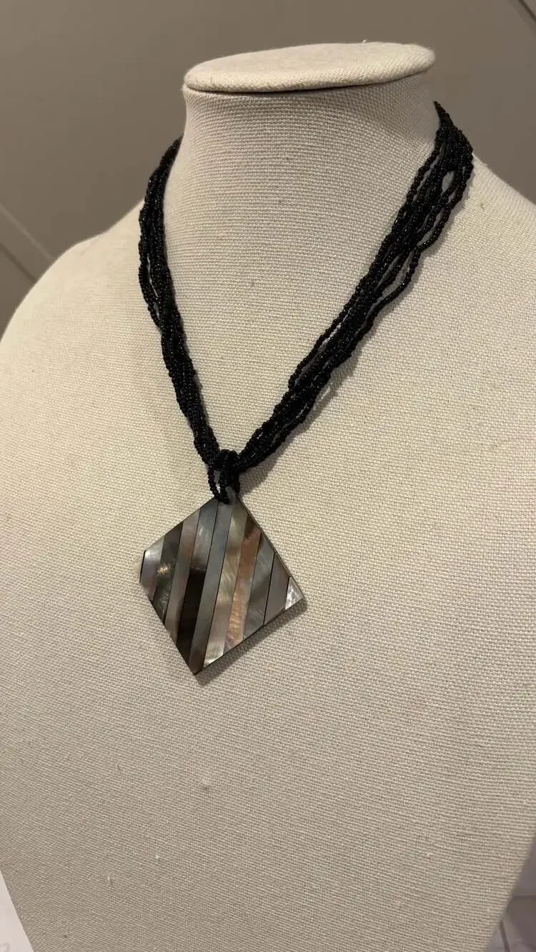 Vintage Multi-Strand Black Seed Necklace Inlaid Mother of Pearl